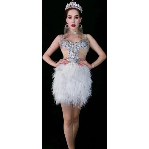 2020 Women New Silver Rhinestones Transparent White Feather Dress Dance Celebrate Dress Outfit Birthday Bar Prom Party Dress