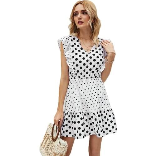 Casual White Polka Dot Print Summer Women Dress 2021 Patchwork Ruffles V-Neck Sleeveless Chiffon Mini Dresses For Women Vestidos