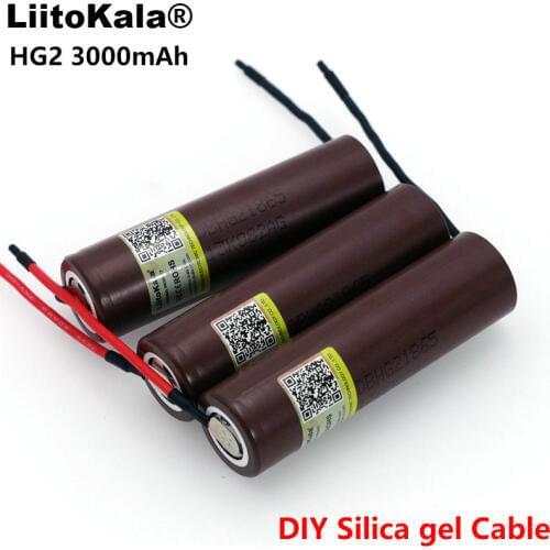 2pcs/lot Liitokala HG2 18650 3000mAh battery 18650HG2 3.6V discharge 20A, dedicated batteries+DIY Silica gel Cable