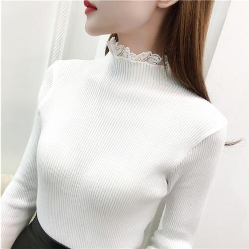 2018 High Elastic Knitted Sweater Women Fall Winter Lace Patchwork Long Sleeve Women Sweaters And Pullovers Female Pull Femme