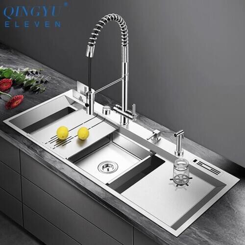 2021 New Large Size Single Cup Rinser Kitchen Sink 4mm Thickness 220mm Depth With Drain Plate Knife Holder Kitchen Sinks