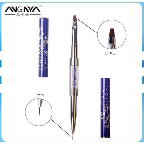 ANGNYA Dual End Nail Art Poly UV Gel Extension Builder 4# Flat Acrylic Liquid Powder Brush 9mm Liner Drawing Pen Manicure Tool