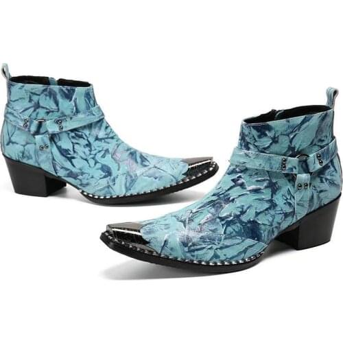 Designer High Heels Blue Genuine Leather Boots Shoes For Men Steel Toe Wedding Elegant Male Dress Shoes Military Zapatos Hombre