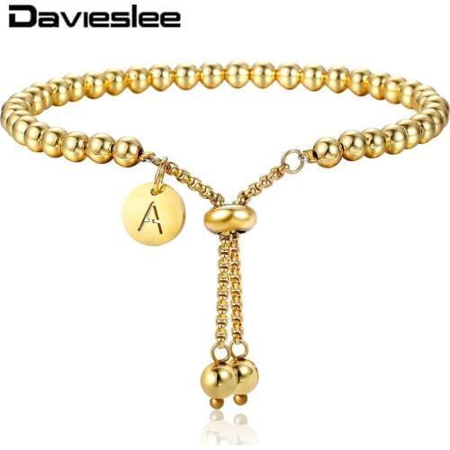 Beaded Bracelet for Women Gold Silver Color Wooden Bead Stainless Steel Adjustable Initial Letter Charm Bracelet Bangles LDBM69