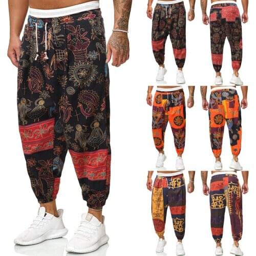 European and American Casual Pants Mens Ethnic Style Cotton and Linen Loose Rope Mens Harem Pants M-5XL