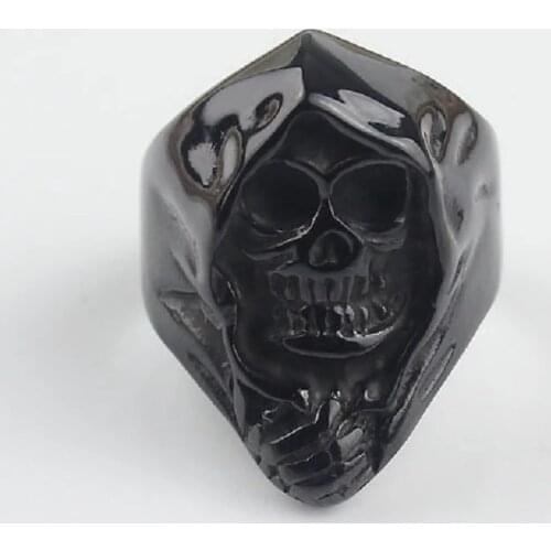 Black Mens Grim Reaper Skull Biker Stainless Steel Ring Angel of Death Gothic US Size 7-15