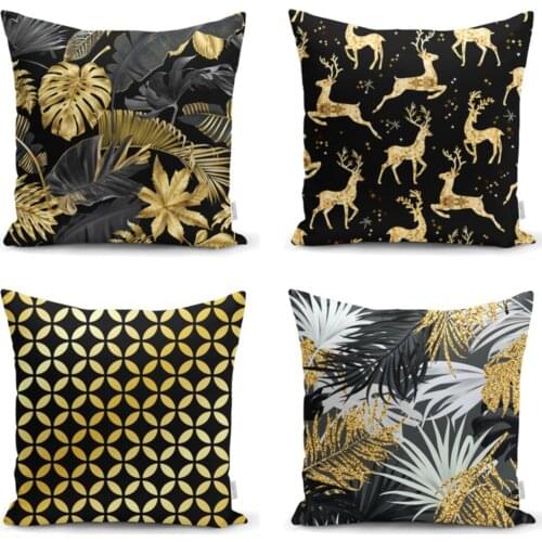 Black Floor Gold Leaf Decorative 4'lü Cushion Pillow Decorate Case Set High Quality Stylish Home Garden Room Kitchen Gift Useful Colorful