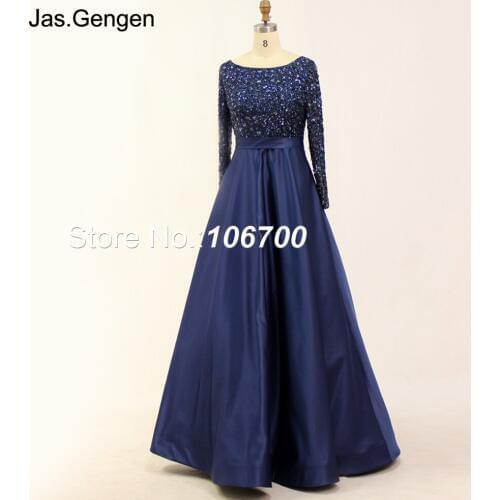Long Hand Make Heavy Beading Evening Dress Long Sleeves Boat Neck Bling Ball Gowns Prom vestido Dark Blue Color robe de soiree