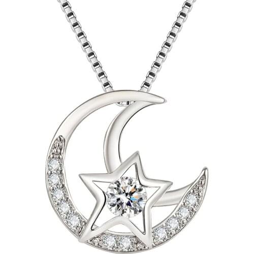 Elegant Silver Color Hollow Moon Star Crystal Pendant Necklace for Cocktail Party Womens Chain Necklace Zircon Fine Jewelry