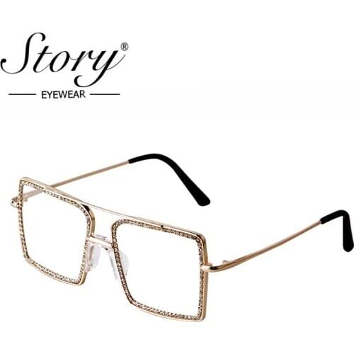 STORY Oversized Square Anti-blue Light Glasses with Rhinestone Retro Diamond Computer Eyeglasses Crystal Clear Eyewear PS2036U