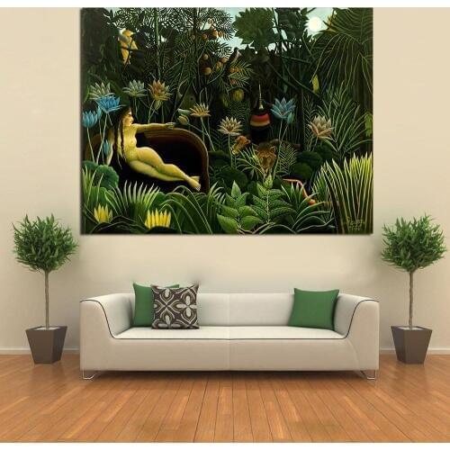 JQHYART Primitivis Painting Canvas Art Wall Pictures For Living Room Henri Rousseau The Dream Home Decor Printed