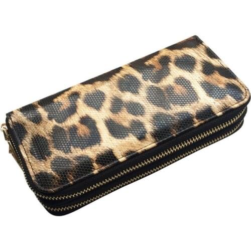 KANDRA Large Capacity Leopard Print Double Zipper Wallet Embossing Leather Organizer Credit Card Cellphone Bag Fashion Handbag