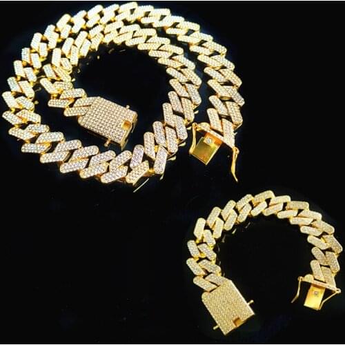 2pcs Kit Hip Hop 20MM Bling Iced Out 3 Row Full Rhinestones Gold Cuban Link Chain Bracelet Necklace For Men Charm Jewelry