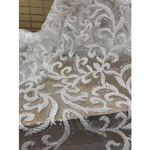 African French Tulle Mesh Lace Fabric L-318689 Beaded Lace Fabrics Luxury Handmade Beads Lace Fabric for Wedding