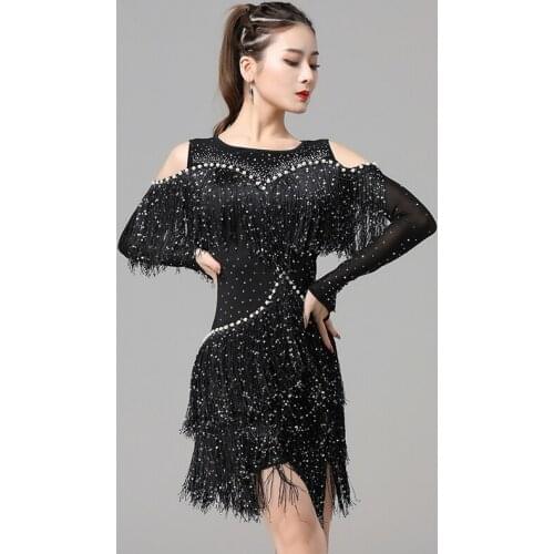 Women Latin Dance Dress Off-Shoulder Tassel Rumba Performance Clothing Rhinestone Tango Competition Dresses Practice Wear 3643