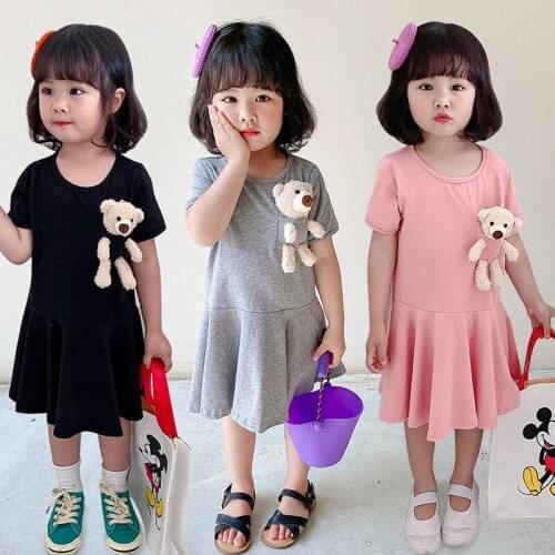 Summer Toddler Girls Cotton Dresses 2021 New Arrival Baby Cartoon Pocket Bear Dress Ruffles Short Sleeve Dress for Girls 2-6 Y