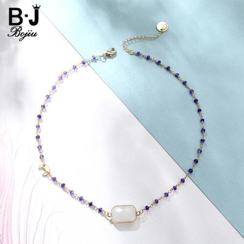 BOJIU Trendy Necklace Handmade Purple Beaded Chain Retangular Opal White Connector Mini Moon Decration Fashion Jewelry NKS143