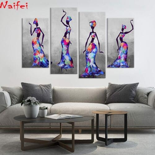 Full round square diamond embroidery set 4 pcs Abstract Diamond Painting African Dancing Girl Black Woman Art Colorful Picture