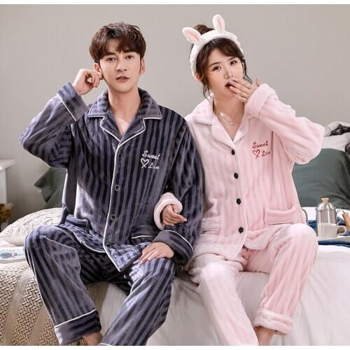 Autumn and winter Korean version plus velvet couple pajamas, flannel suit, thick warm pajamas, coral velvet striped mens and wo