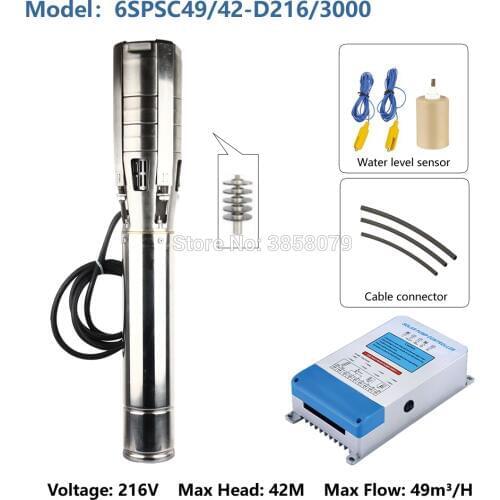 AC 220V / DC 216V 3000w 6 inch stainless steel brushless solar powered submersible water pumps machine 6SPSC49/42-D216/3000