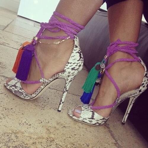 Luxury Snakeskin High Heel Sandals Purple Ankle Strap Tassel Dress Shoes Python Leather Stiletto Heels Lace-up Party Shoes