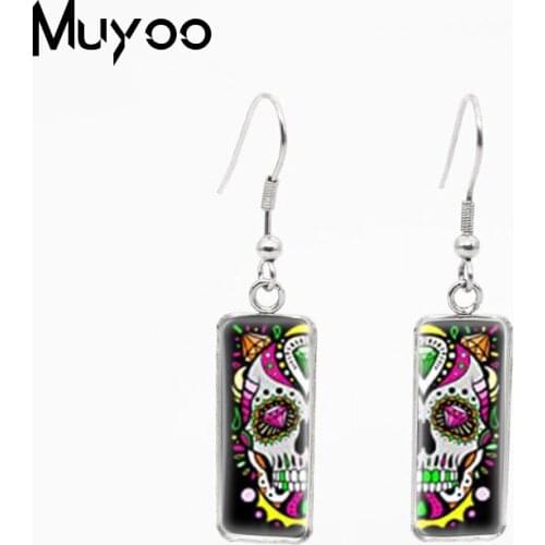 New Vintage Punk Style Sugar Colorful Skull Rectangle Patterns Print Glass Cabochon Fish Hook Earrings Handmade Jewelry Dangles