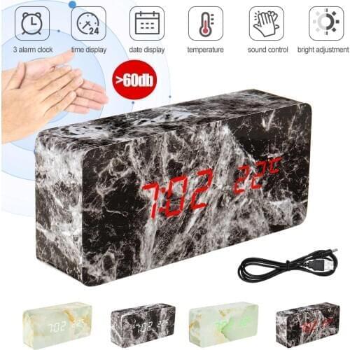 Marble Pattern LED Digital Alarm Clock Creative Voice Control 3-Brightness Adjust Digital E-Desktop Clock Temperature Display