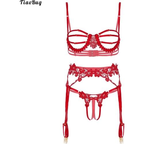 TiaoBug Women Lace Trim Hollow Out Lingerie Set Underwear Adjustable Underwire Bra With Garters Crotchless T-Back Thongs