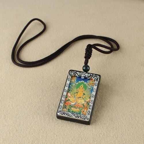 Vintage Ebony Tibetan Thangka God of Wealth Buddha Statue Peace Pendant Necklace Scenic Temple Jewelry Accessories