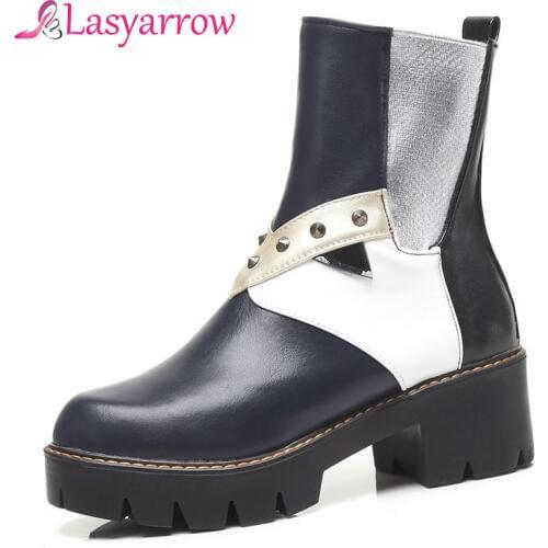Lasyarrow 2018 Fashion Martin Boots Women Casual Leather heels Boots Round Toe Platform rivets Studs Women Elastic Ankle Boot