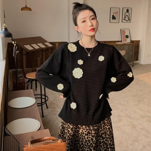 Women Winter Pullover Knitted Sweater Handmade Camellia Chain Link Flowers Vintage Black Loose Sweater Fashion 2020 Clothing