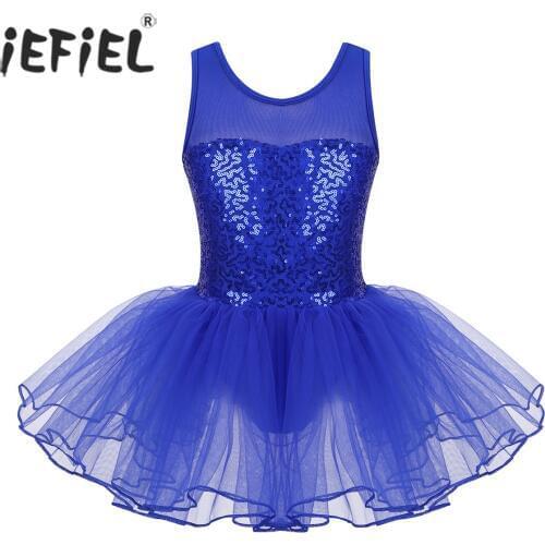 IEFIEL Kids Girls Dancewear Ballerina Performance Mesh Splice Sequins Ballet Dress Costumes Gymnastics Leotard Dance Tutu Dress