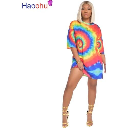 HAOOHU Women Tie Dye Black Hole Print O-neck Short Sleeve Tee Dress Fashion Streetwear T-shirt Dresses Vestidos