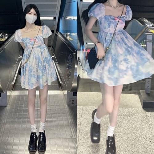 Summer new style French temperament blue tie-dye waist puff sleeve dress women