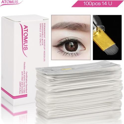 100PCS Laminas Tebori Microblading PCD 14 U Hard Blades Permanent Makeup U Shape 14 Needles Eyebrow Aguja Microblading Ceja