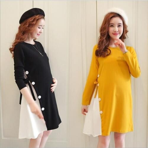 3 Colour M-2xl Maternity Clothes Autumn Long Sleeve Cotton Pregnant Dress Black Yellow Pregnancy Clothes For Pregnant Women