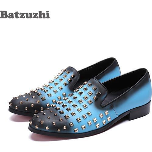 Batzuzhi Men Shoes Round Toe Black Leather Loafers Shoes Man Rivets Blue Casual Leather Loafers zapatos de hombre, Big US12