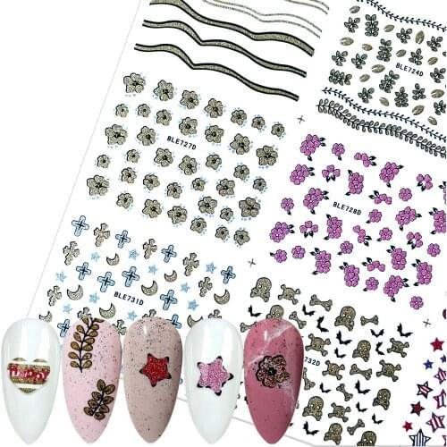 1pcs Glitter 3D Nail Sticker Shiny Gold Silver Red flower star Nail Decal DIY Transfer Adhesive Nail Art Tips Manicure MYBLE723D