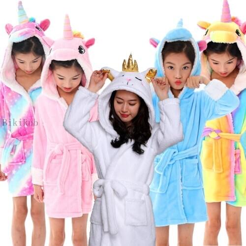 Autumn Winter Kids Flannel Unicorn Hooded Bathrobe Childrens Dressing Gown Bath Robe Animal Sleepwear Girls Boy Pyjama