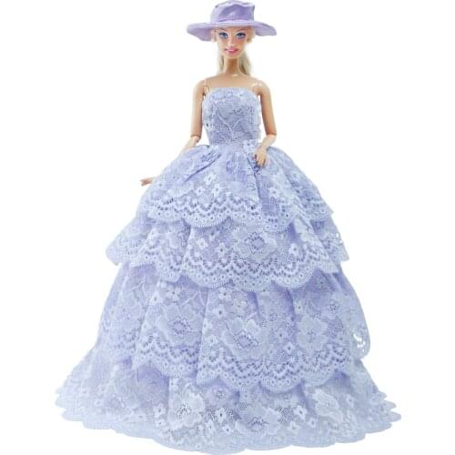 Purple Ball Gown Lace Wedding Party Dancing Dress with Hat Elegant Outfit for Barbie Doll Accessories Girl Toy Gift