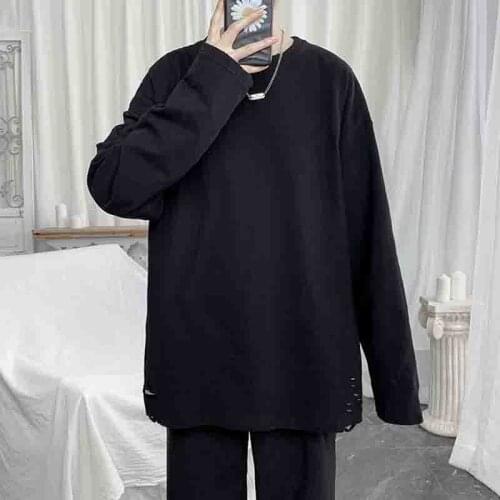 Broken hole long sleeve T-shirt ins yuansuo Style Mens Korean autumn solid top basic style with bottom-up T-shirt