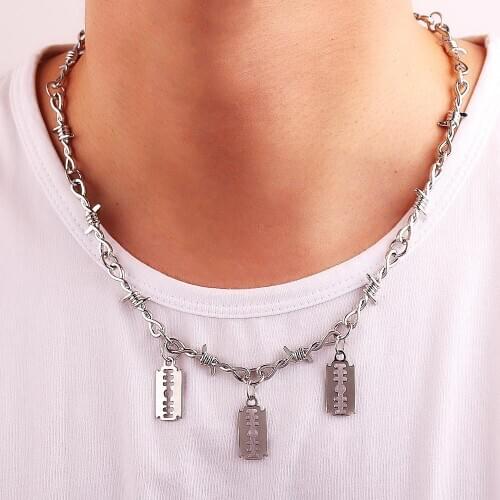 Hip Hop Personality Blade Thorns Chain Necklace Punk Cool Razor Blade Pendants Women Men Party Necklaces Jewelry Gifts