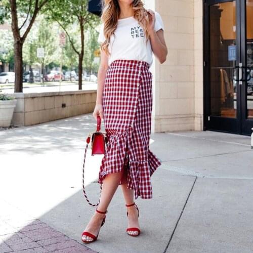 Plaid Summer Button Ruffled Slit Irregular High Waist Mid-Calf Skirt Casual Skirt Stretch Ruffle Plaid Striped Pleated Skirt