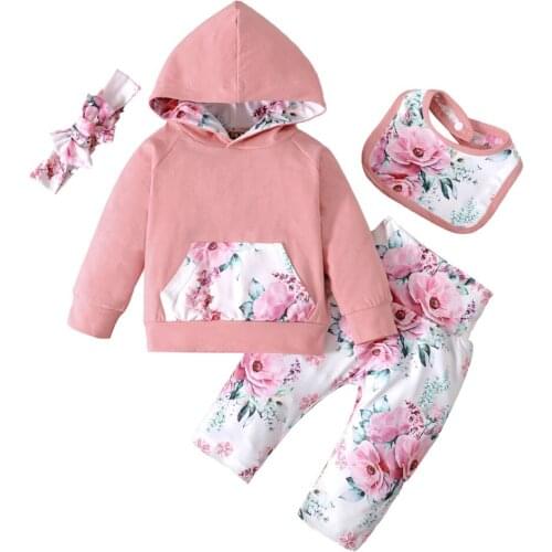 Bobora Baby Girl Kids Clothes Set Top+Flower Print Trousers + Headband+ Bib Flowers Pants Infant Clothing Toddler Outfits Suit