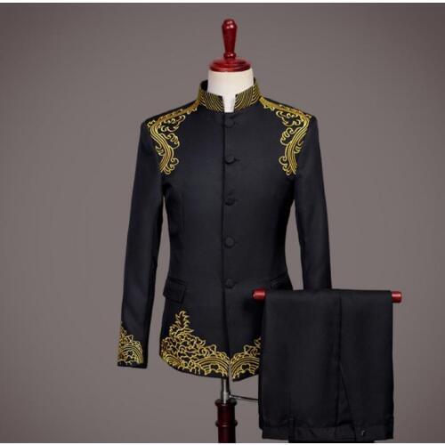 Singer mens Chinese tunic suit clothing for men groom suit set with pants embroidery formal dress dance stage stand collar black