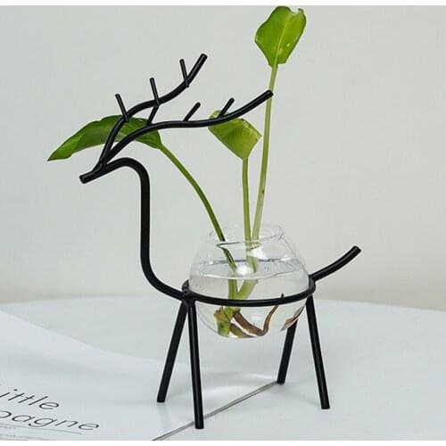 Hydroponic Glass Bulb Vase With Metal Holder Hand Welded High Temperature Baking Paint Lovely Deer Shape Dynamic Vase