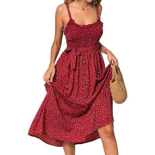 Summer Polka Dots Print Boho Spaghetti Strap Slash Neck Sleeveless Women Dress Button Bandage Elegant High Waist Ladies Dresses