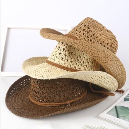 Summer Outdoor Travel Beach Hats Fashion Hollowed Handmade Cowboy Straw Hat Women Men Unisex Solid Western Sunshade Cap