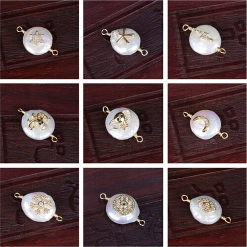 Micro paved white cubic zircon CZ crystal multi types charms freshwater pearl bead connector for bracelet earring jewelry making