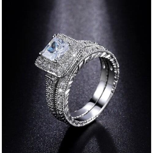 Kinel Blue Zircon 1.25ct Ring Sets Best Craft Princess Cut CZ With Micro Round CZ Paved Engagement Ring Sets For Bridal Jewelry